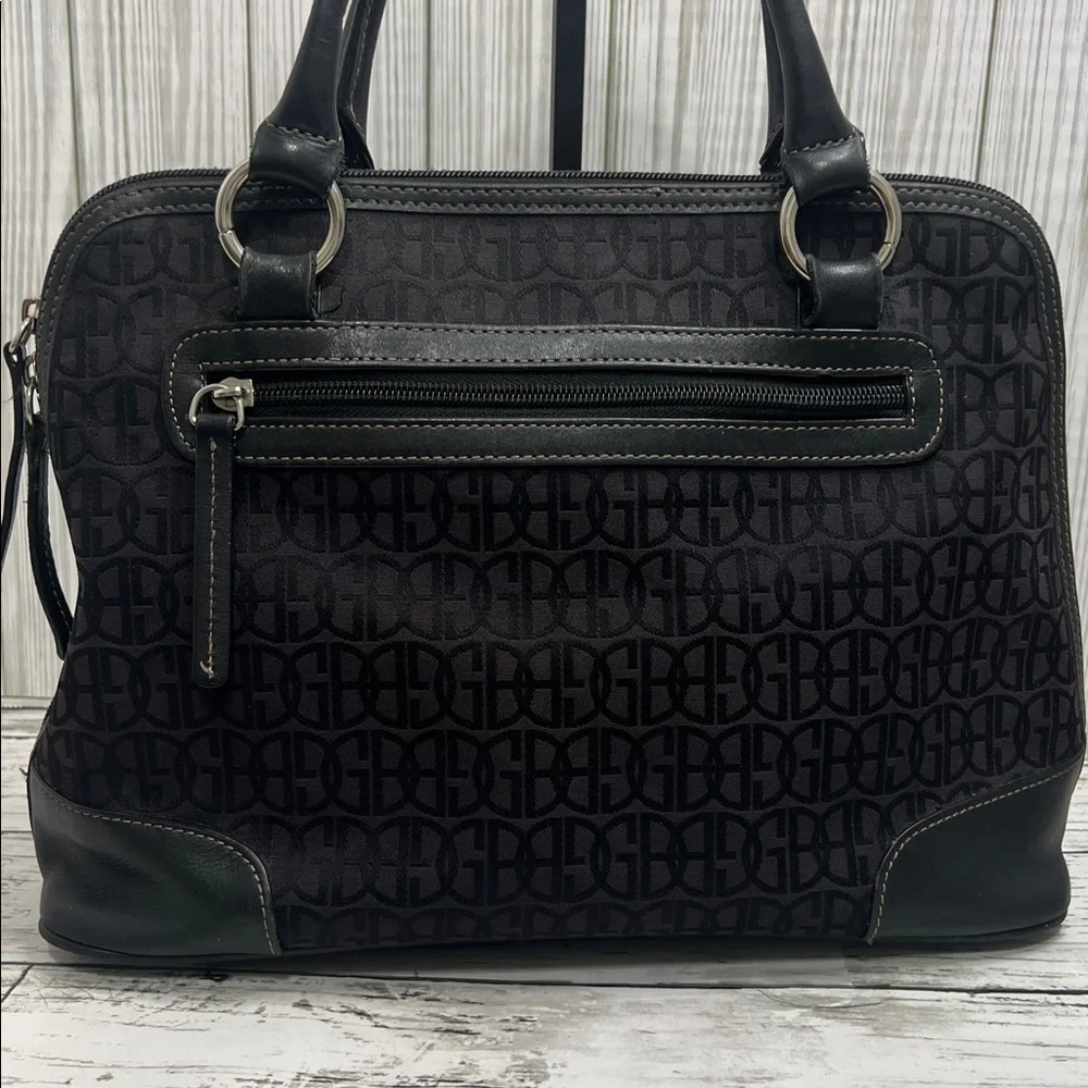 Gianni Bini Black Jacquard Logo Satchel Tote Handbag Leather Trim Structured Bag